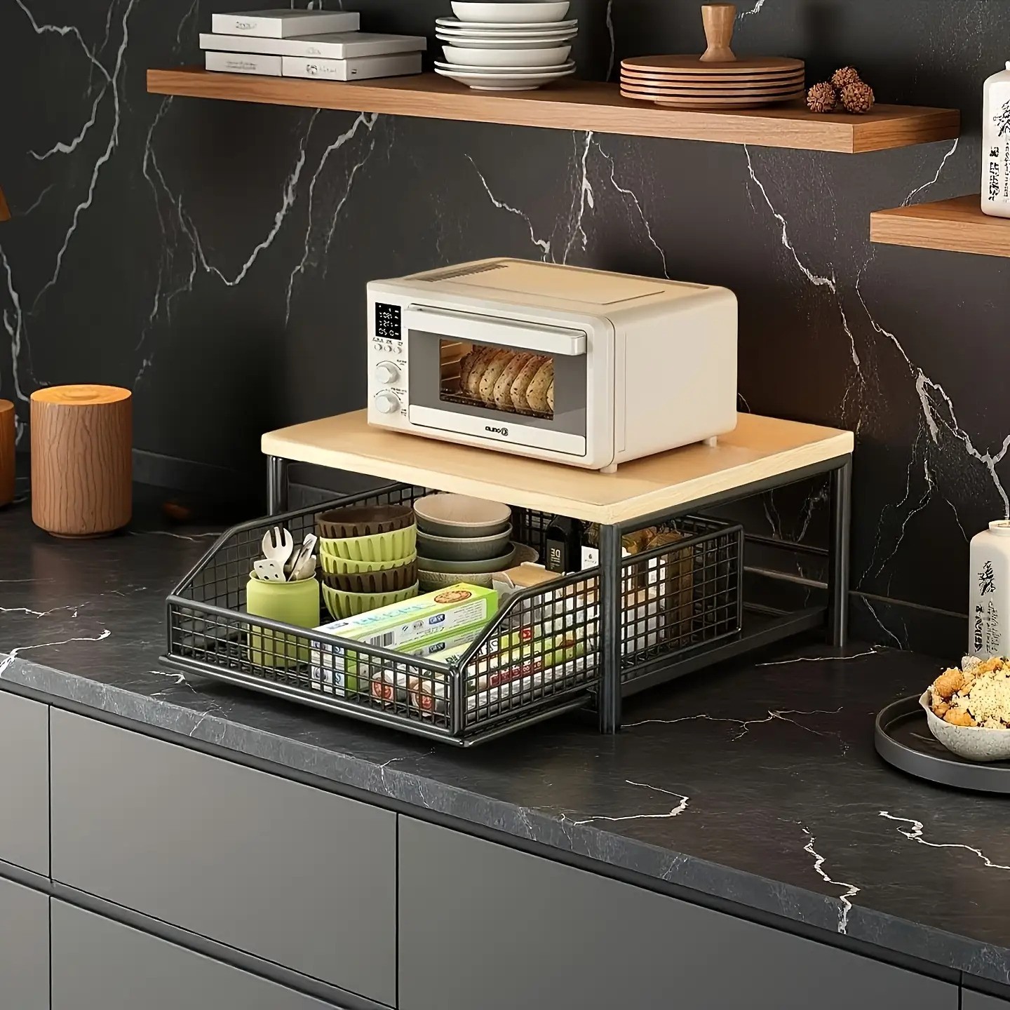 XHSGX Space-Saving Kitchen Countertop Organizer with Drawer & Wire Basket