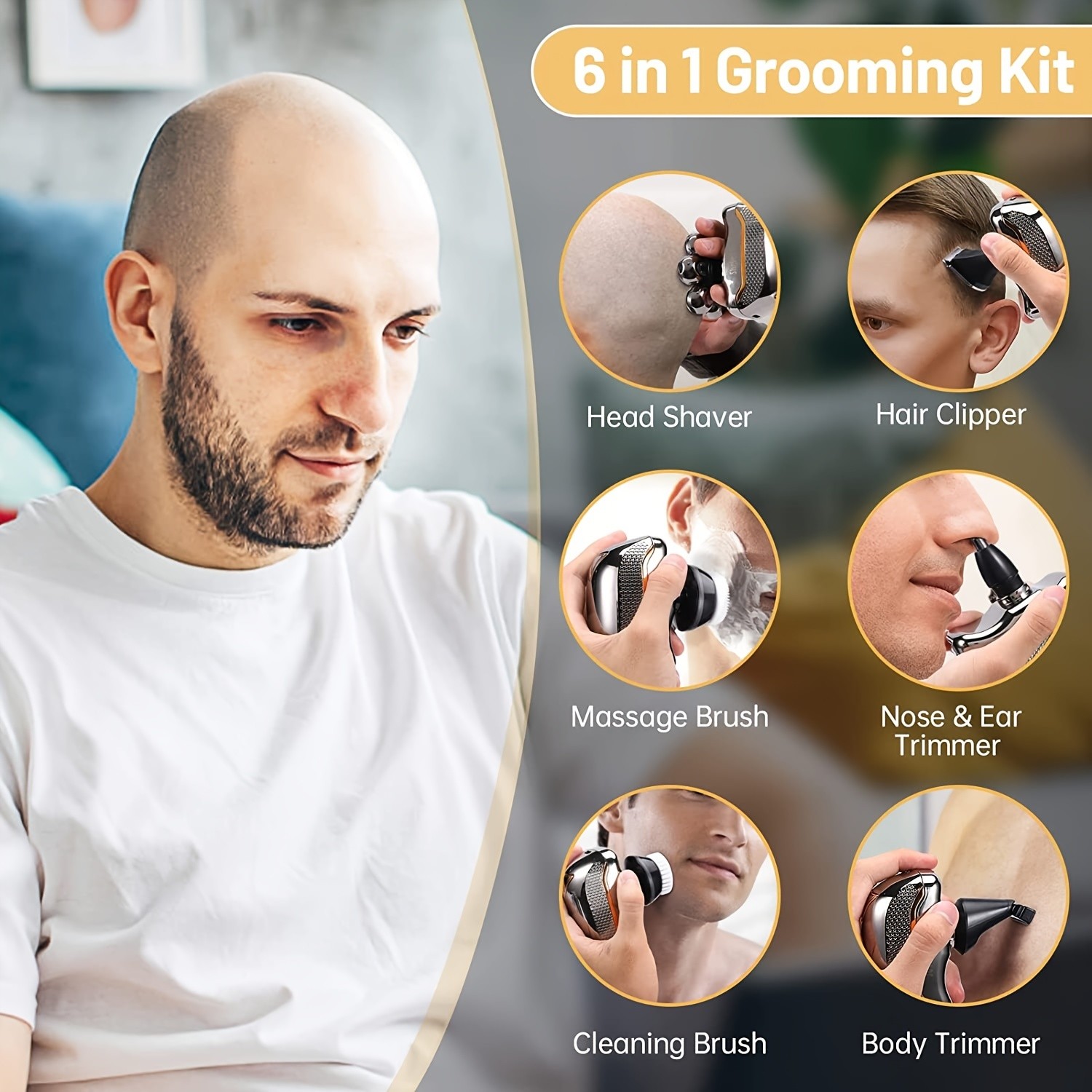 Mens Electronic Head Shaver Razor: 6-in-1 Rechargeable Grooming Kit for Bald Heads, Beards, and Body Hair