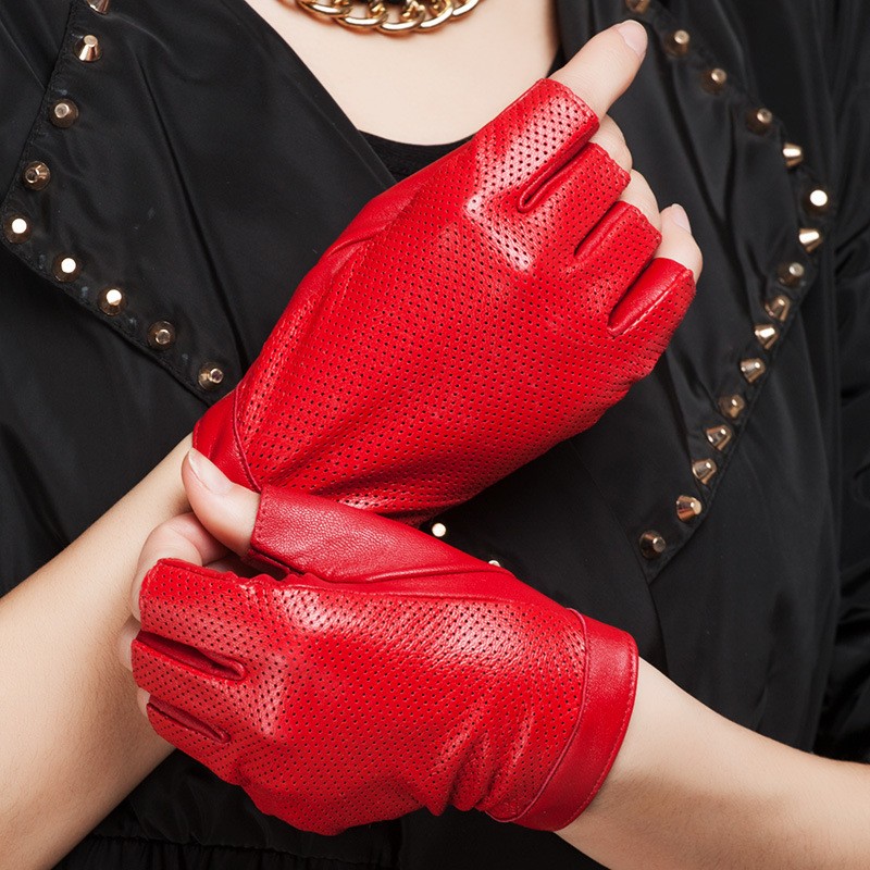 Red Leather Half Gloves