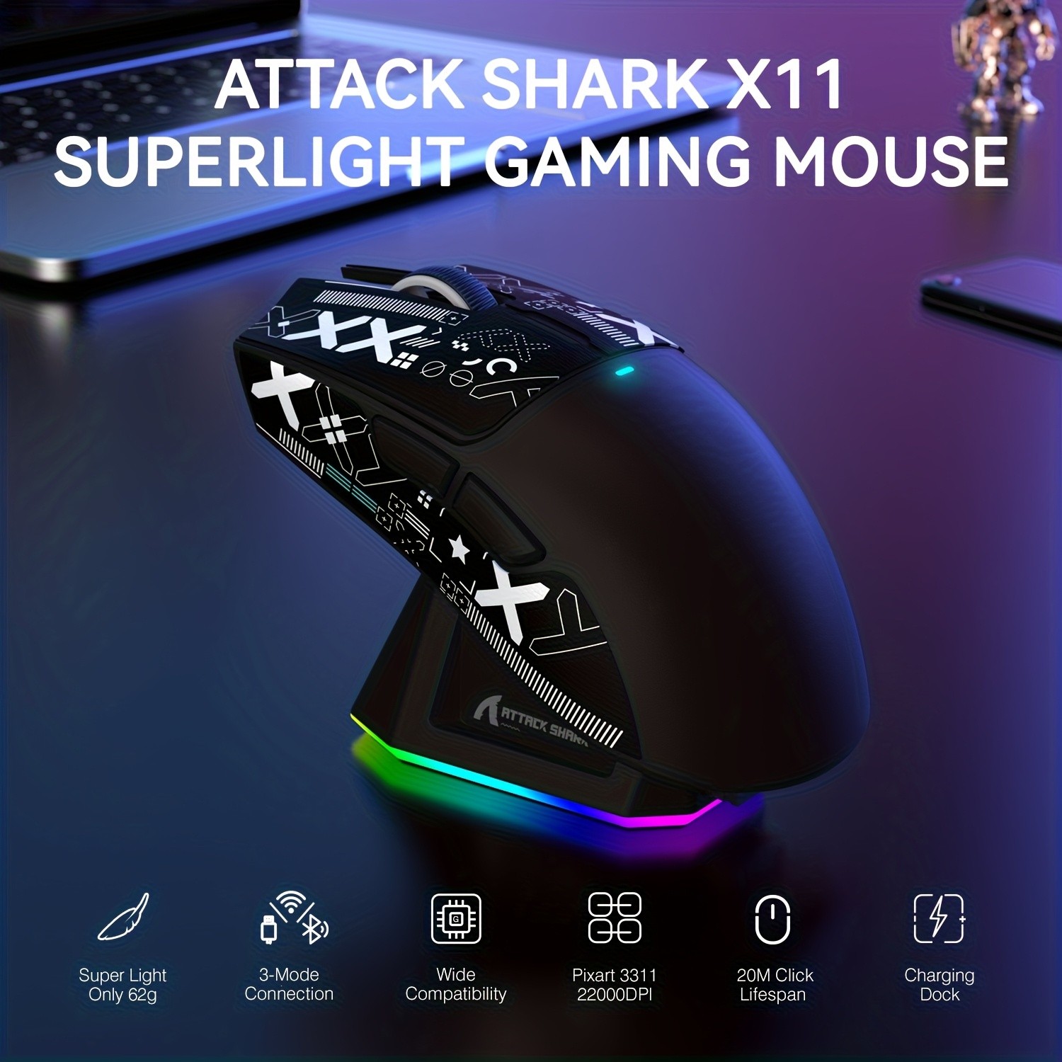 ATTACK SHARK X11 Gaming Mouse Compatible for Xbox/PS/Win11 with Magnetic Charging Dock, BT/2.4G/Wired Wireless Mouse, PixArt PAW3311 Sensor, 22000 DPI, Compatible with PS, Mac, PC, Office & Gaming (White)