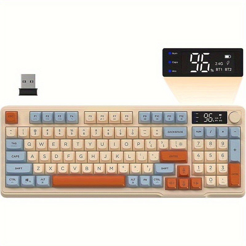 FREEWOLF M96 Wireless Membrane Gaming Keyboard  Features a Knob for Controlling Wireless/2.4G Wireless Mechanical Feel, RGB LED Backlighting with Display Screen, PBT Keycaps, US Keyboard Layout, and Compatible with Win/Mac