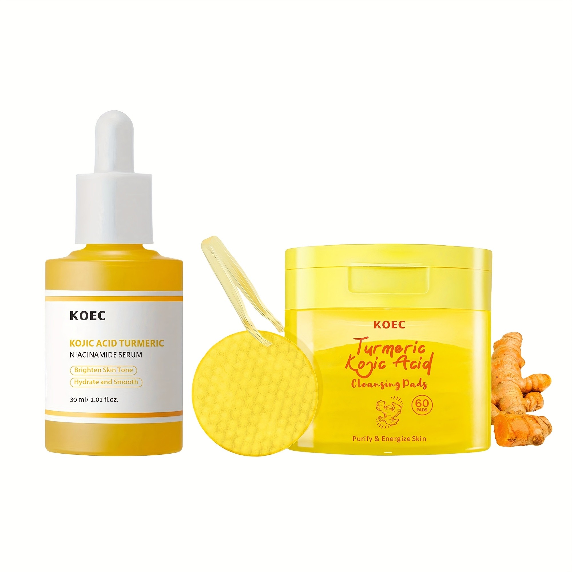 KOEC Kojic Acid Turmeric Niacinamide Serum & Cleansing Pads Set  Skin Brightening and Hydration