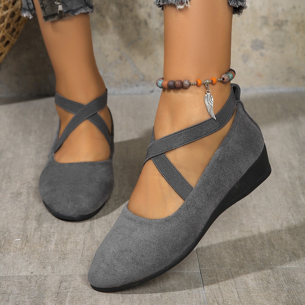 Comfy Elastic Crisscross Strap Wedge Slip-On Shoes