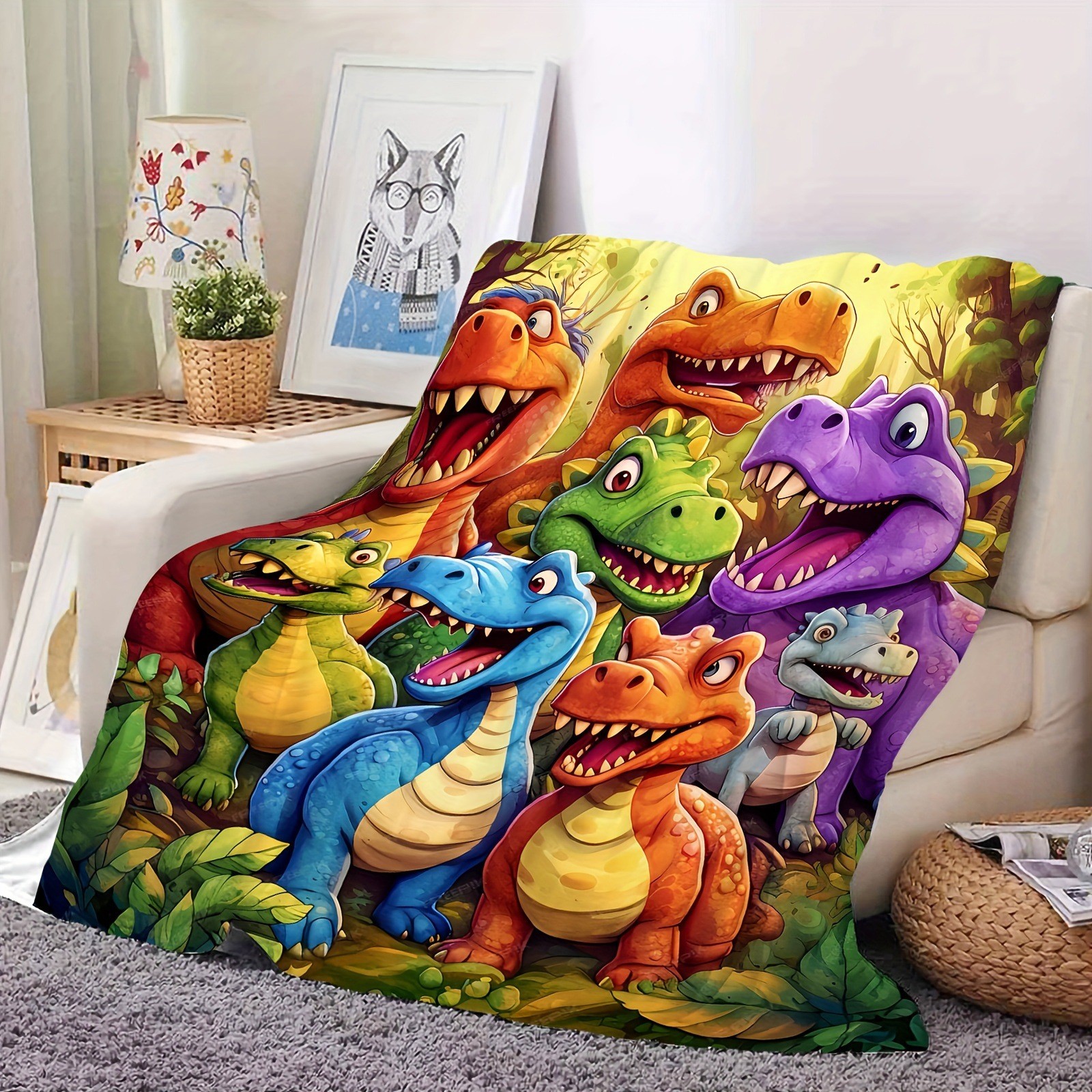 Cute Dinosaurs HD Digital Print Flannel Blanket