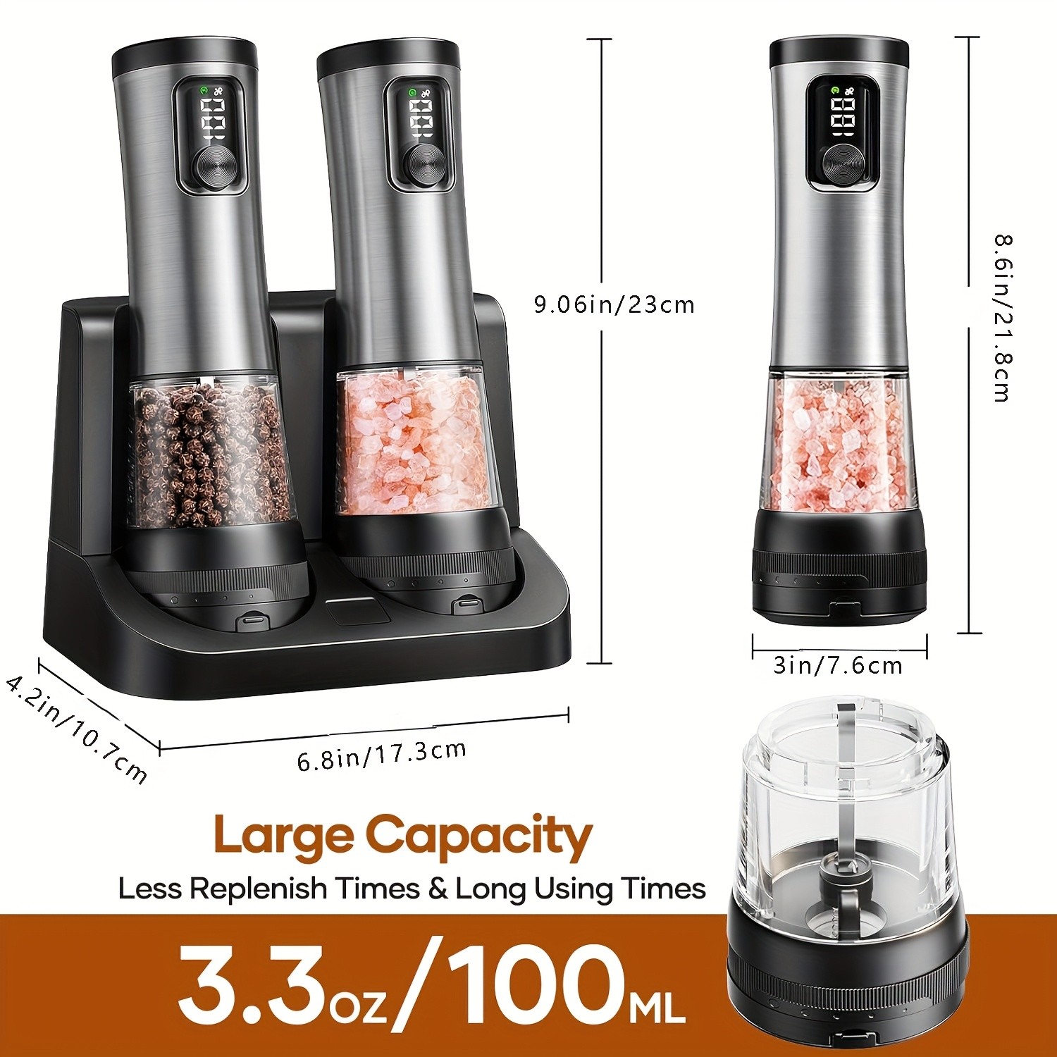2-Pack Electric Salt and Pepper Grinder Set