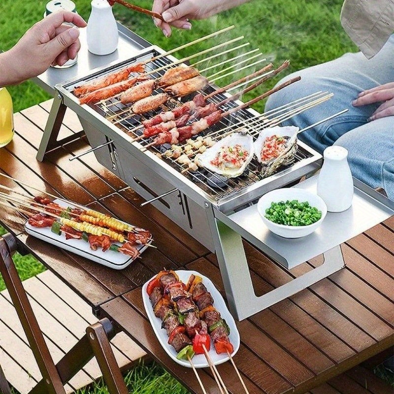Portable Stainless Steel Charcoal Grill Foldable, Polished Finish with Carry Bag