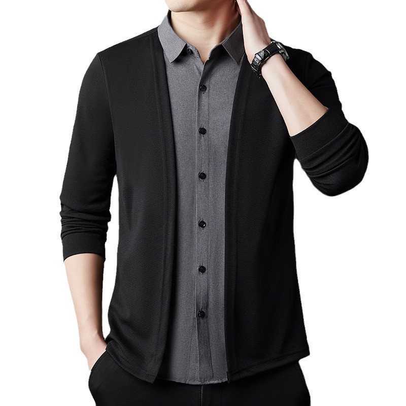 Men's Fake Two-Piece Shirt Collar Knitted Cardigan!