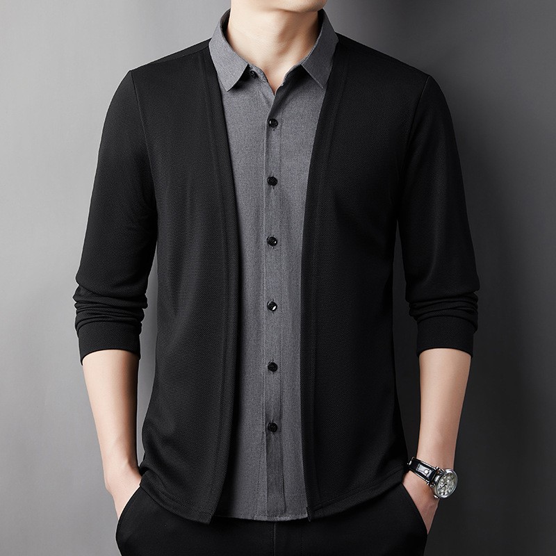 Men's Fake Two-Piece Shirt Collar Knitted Cardigan!
