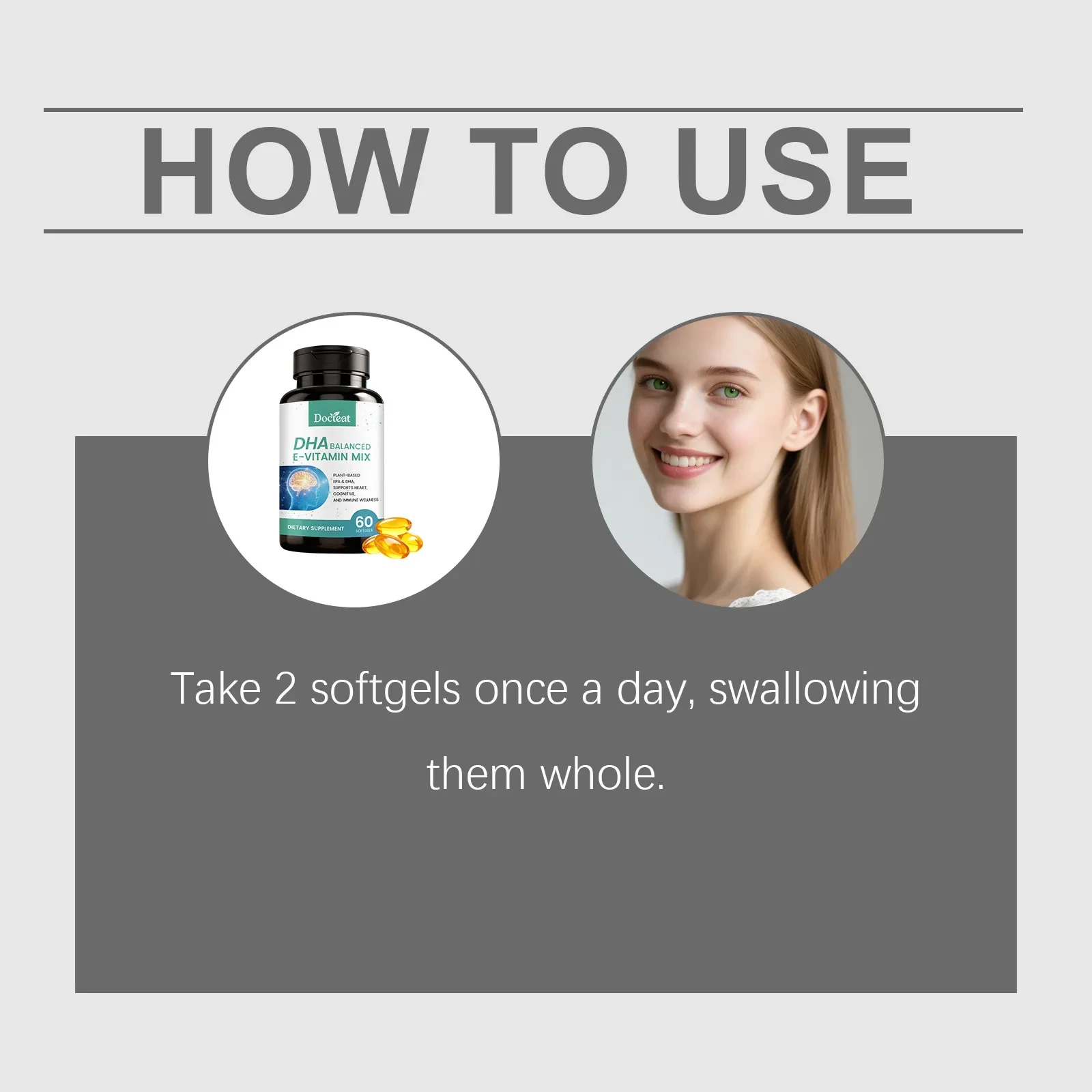 DHA Balanced Vitamin E Mix  Plant-Based EPA & DHA Dietary Supplement (60 Softgels)