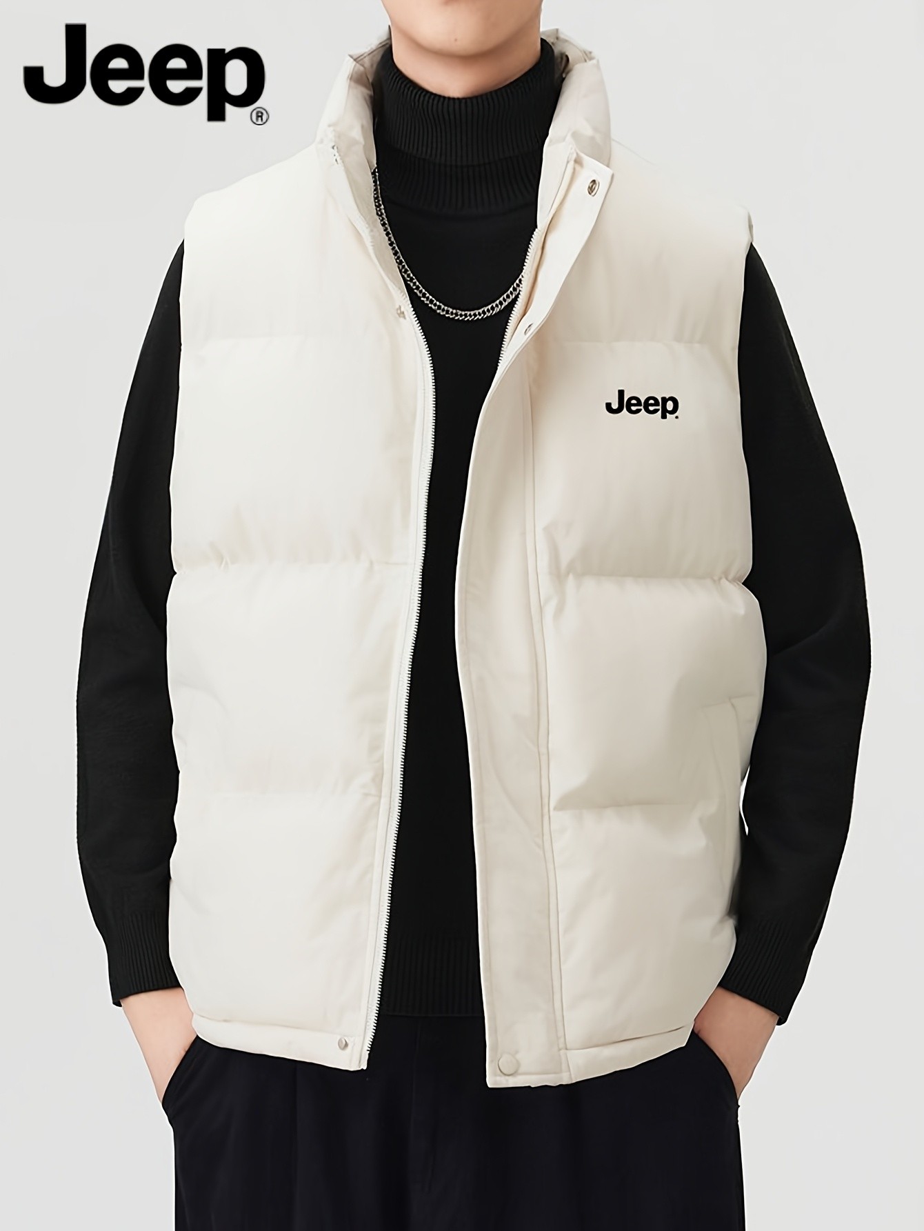 Jeep Mens Stand Collar Vest  Thick Warm Fleece-Lined Jacket for Fall with Pockets