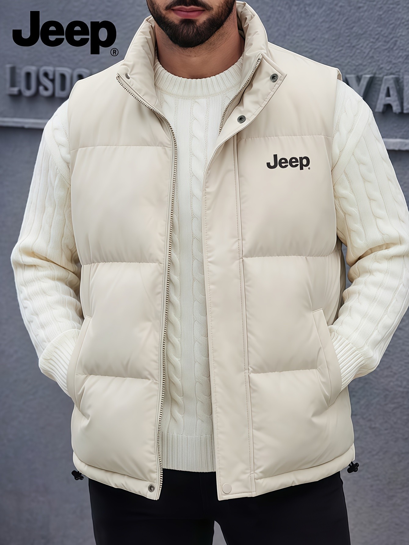 Jeep Mens Stand Collar Vest  Thick Warm Fleece-Lined Jacket for Fall with Pockets