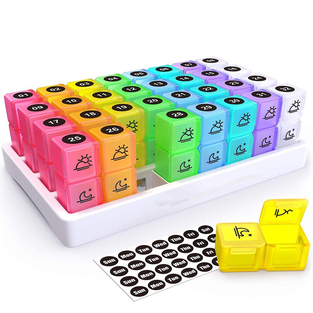 Monthly AM/PM Pill Organizer Twice-a-Day Medicine & Vitamin Storage with Stickers
