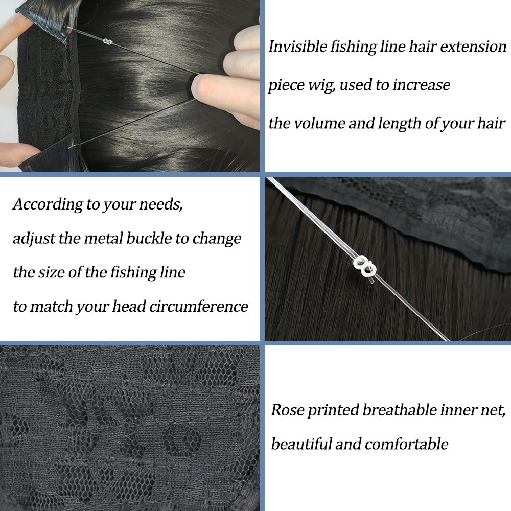 Color: T1B/350, Stretched Length: 16inches, Ships From: CHINA - Synthetic Natural Wavy No Clip Fish Line Invisible Hair Extensions Mixed Color Blonde Black Artificial False Hair Piece ForWomen