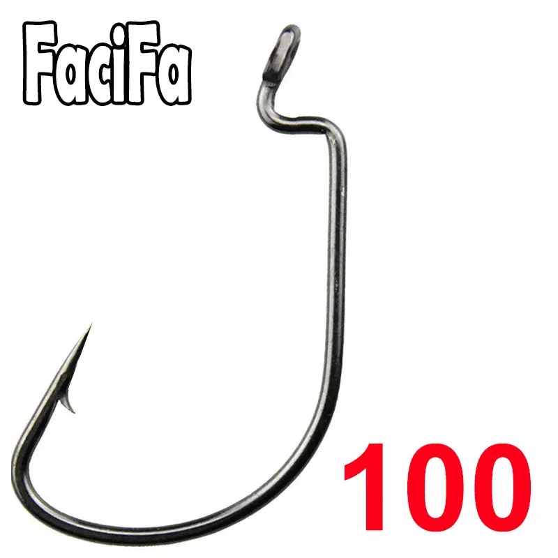 Color: WHITE - 100 pcs Wide Gap Worm Fishing Hooks Jig Crank Big Bass Hook Black High Carbon Steel Crank Barbed Hook for Soft Fishing Lure