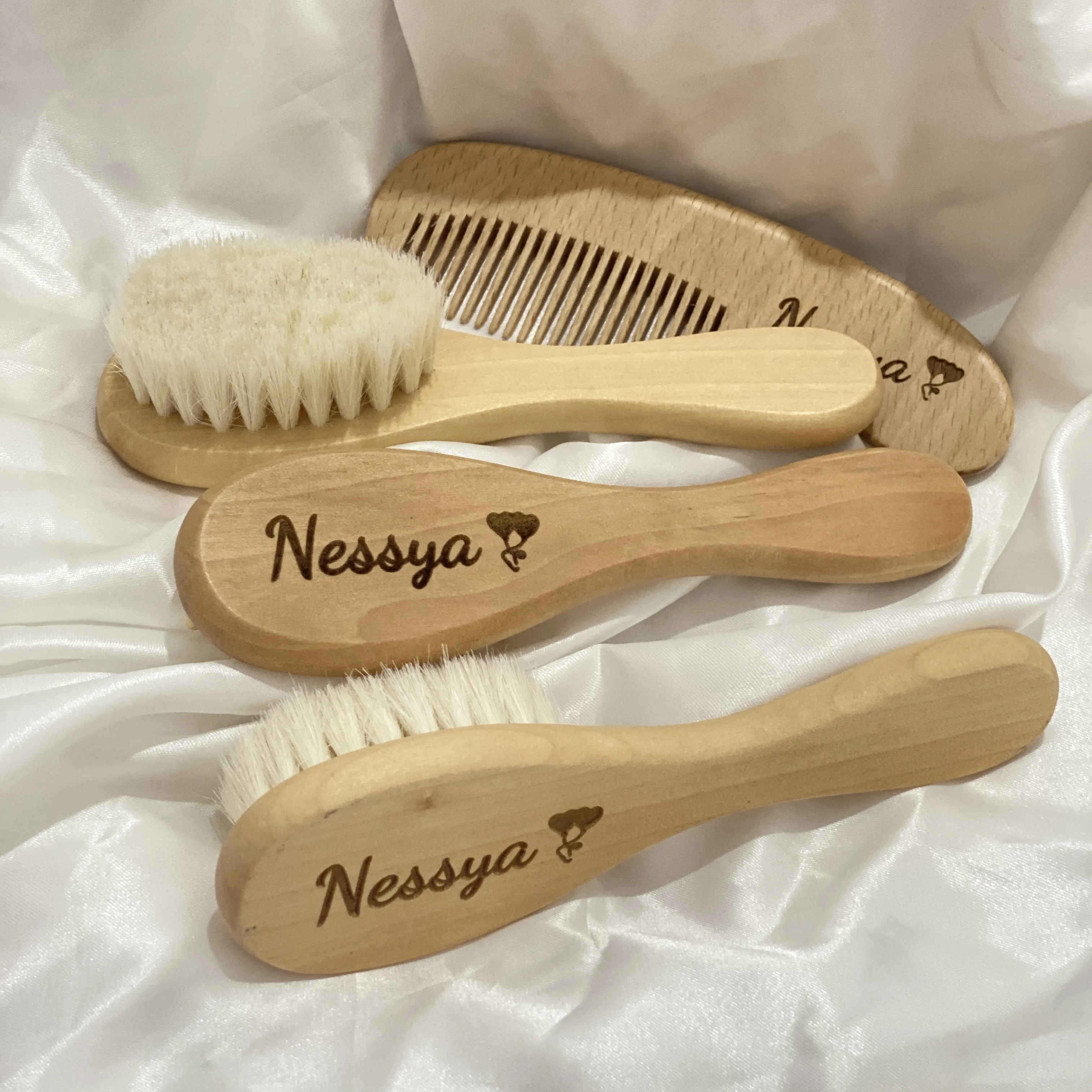 Color: Olive - Personalized Baby Care Hair Brush Pure Natural Wool Wood Comb,Engraved Newborn Massager Baby Shower and Registry Gift