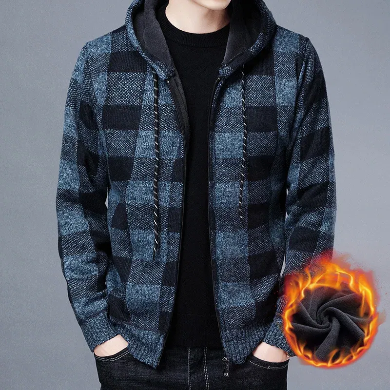 Color: GRAY, Size: L - Winter 2023 New Men's Fleece Thickened Cardigan Knit Sweater / Male Loose Warm Hooded Add Wool Jacket Coat