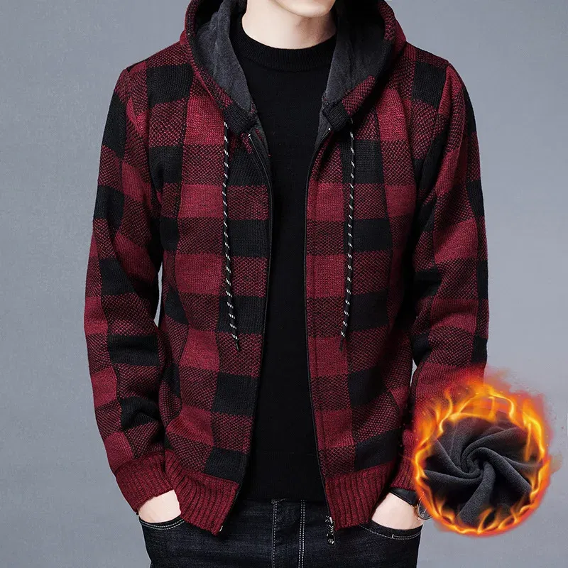 Color: GRAY, Size: L - Winter 2023 New Men's Fleece Thickened Cardigan Knit Sweater / Male Loose Warm Hooded Add Wool Jacket Coat
