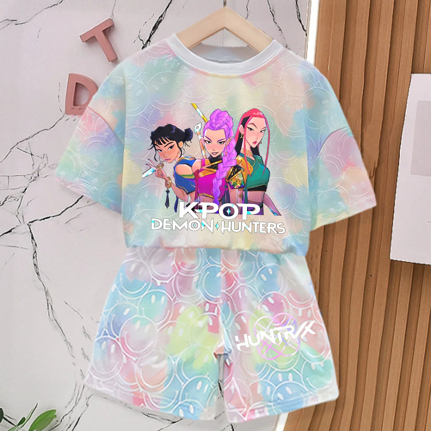 Color: Pink, Size: 3" - KPop Demon Hunters New T-shirt Pants Set Girls Summer Clothing Kawaii Smile Face Short Sleeve Outfits Kids Tee Top Pajamas Gift