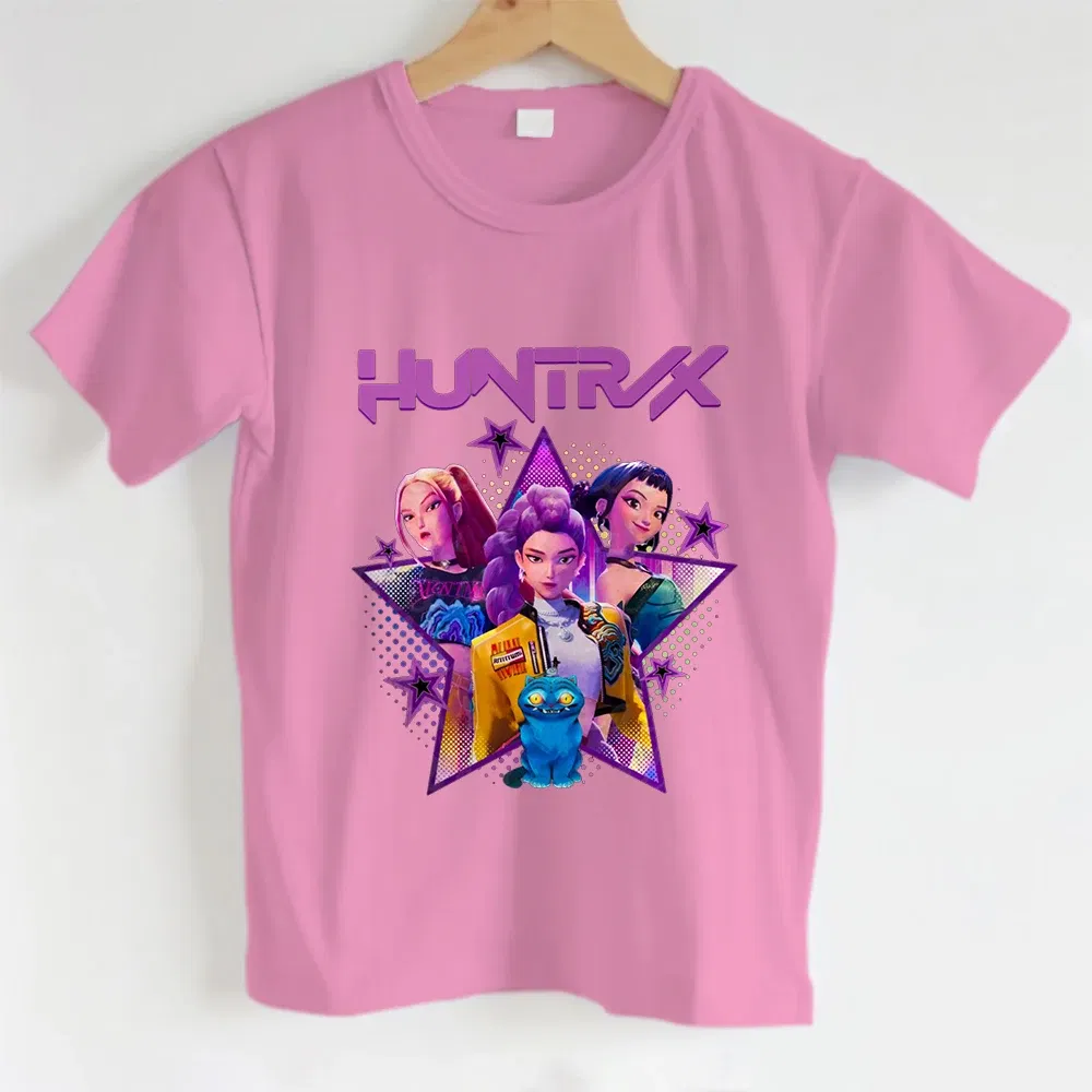 Color: Gold, Kid Size: 4T - KPOP Hunters Anime series pattern Girl T-shirt, Huntrix girl Group cute T-shirt