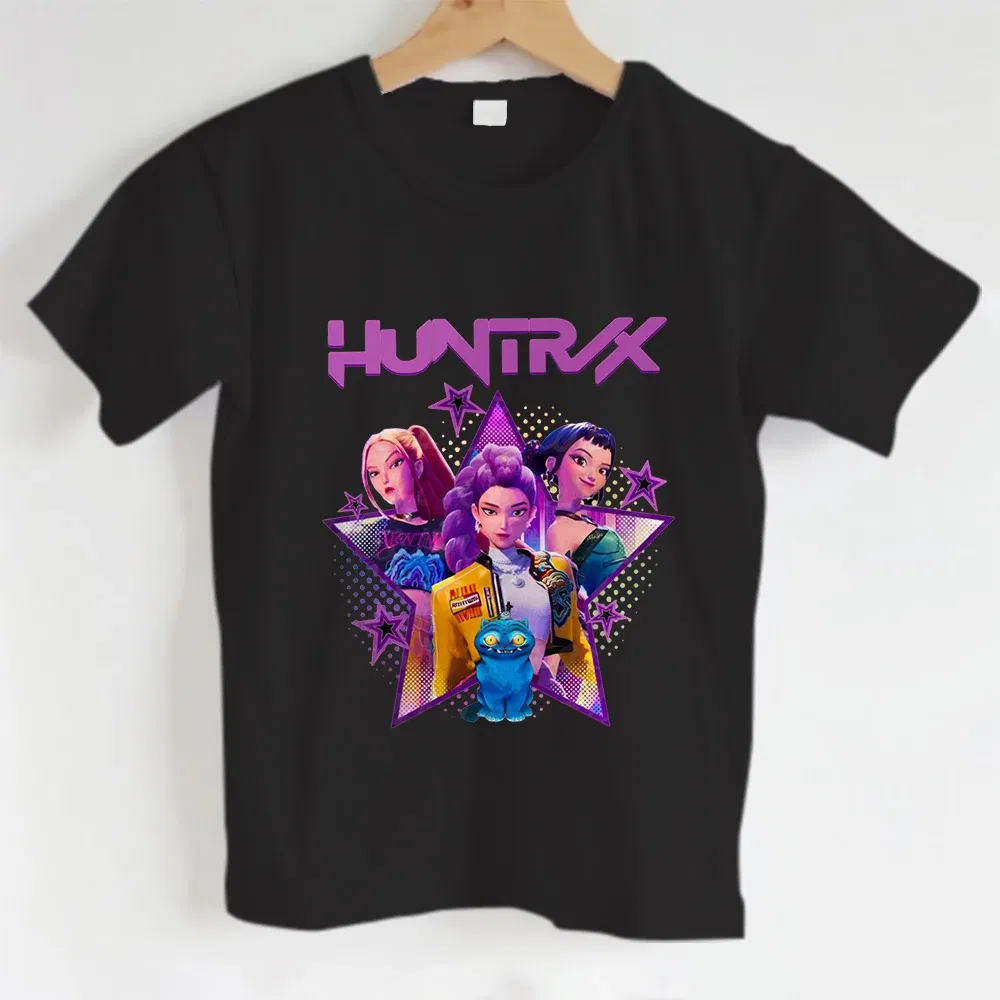 Color: Gold, Kid Size: 4T - KPOP Hunters Anime series pattern Girl T-shirt, Huntrix girl Group cute T-shirt