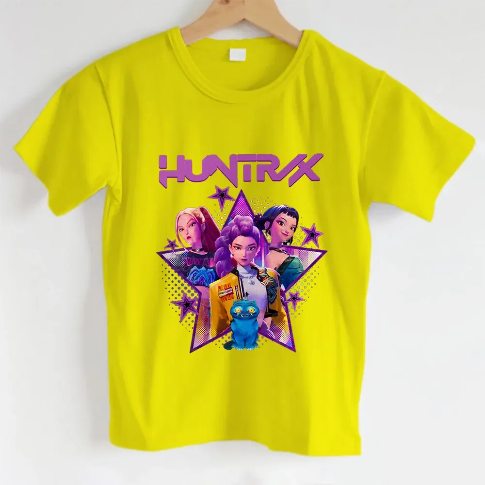 Color: Gold, Kid Size: 4T - KPOP Hunters Anime series pattern Girl T-shirt, Huntrix girl Group cute T-shirt