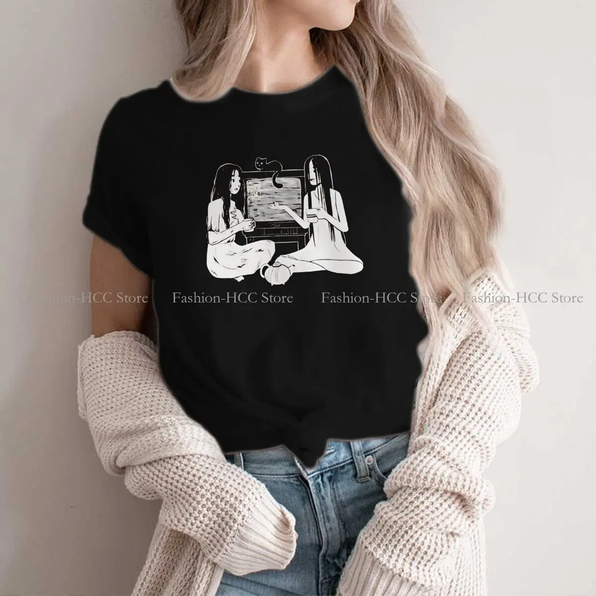 Color: black, Size: XXL - Sadako And Kayako Tea Time Newest Polyester TShirts Ju On The Grudge Movie Momen Graphic Tops T Shirt O Neck