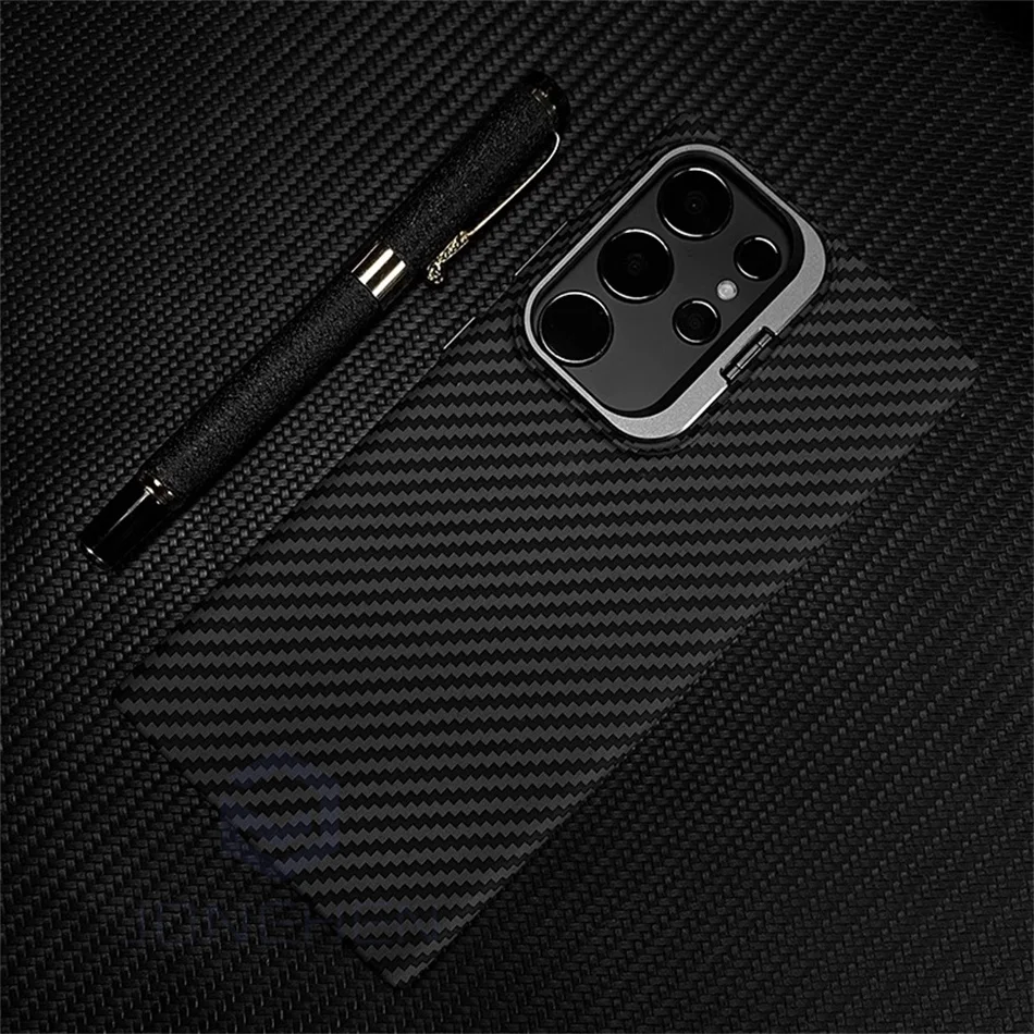Color: Beige, Material: POLYESTER - Magnetic Pixel Carbon Fibre Pattern Slim Case For Samsung Galaxy S24 Plus S23 Ultra Luxury Shockproof Hard Cover Stand Metal Len