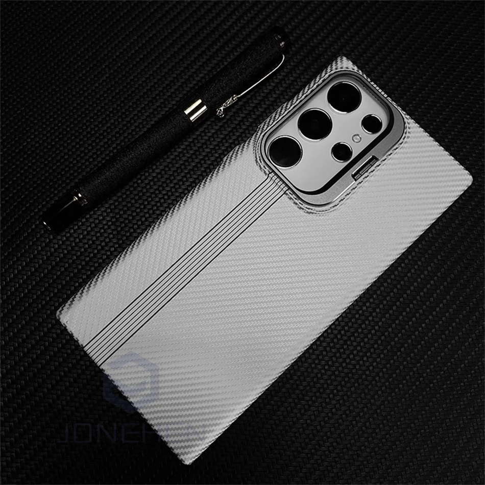Color: Beige, Material: POLYESTER - Magnetic Pixel Carbon Fibre Pattern Slim Case For Samsung Galaxy S24 Plus S23 Ultra Luxury Shockproof Hard Cover Stand Metal Len