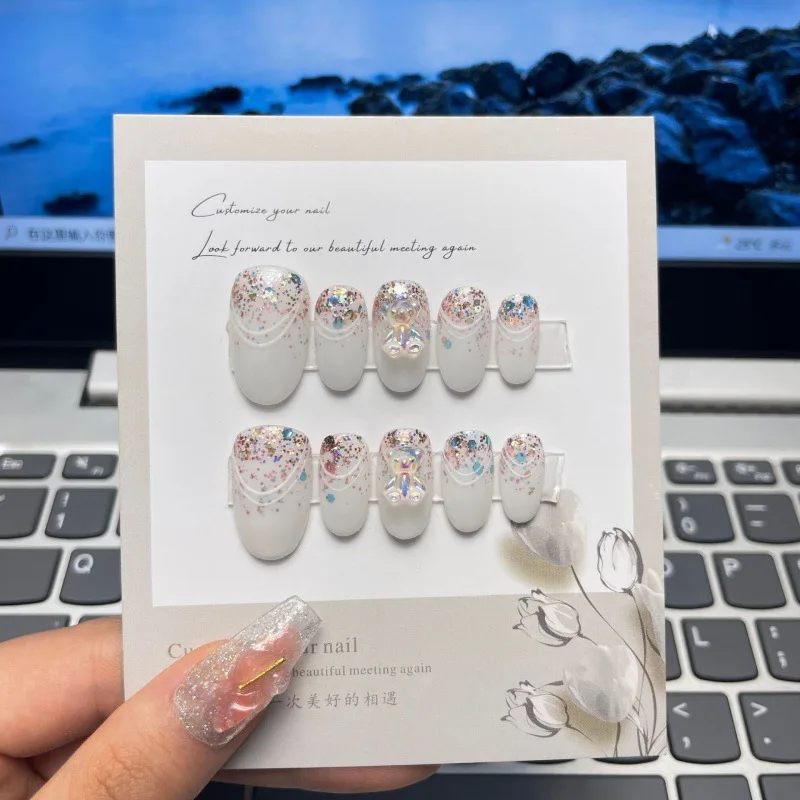 Color: Red - 10 pcs Luxury Handmade Press on Nails Middle Ellipse Clean Lines Design False Nails with 4-PIECE Tool Adhesive Nail Glue Tabs