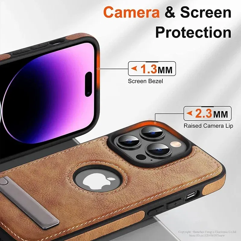 Color: Beige, Material: nylon - PU Leather Kickstand Phone Cases for iPhone 15 Pro Max 14 Plus 11 13 12 Mini Mobile Case with Holder Luxury Slim Shell Cover