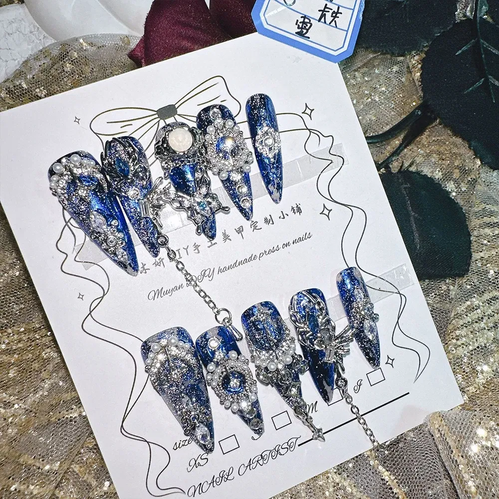 Color: black - 10Pcs High Quality Handmade Press on Nails Heavy Industry Miaojiang Gu Poison Luxury Dark and Niche Spicy Girl Art Accessori