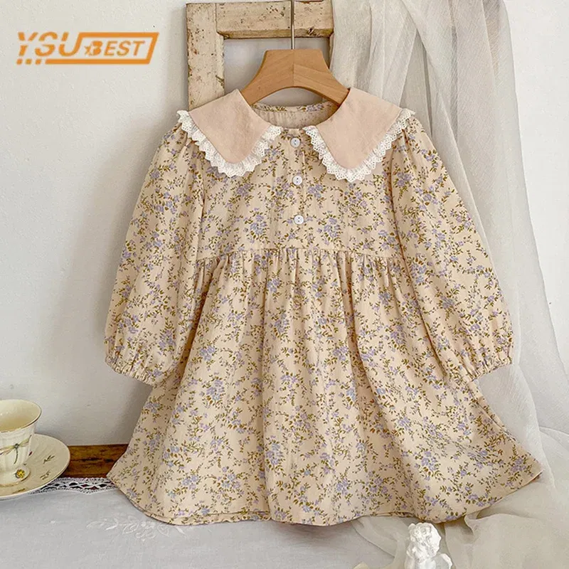 Color: Chocolate, Kid Size: 3T - Sweet Kids Baby Girls Long Sleeve Flower Printing Princess Dress Autumn Baby Girls Doll Collar Dress Children Clothes Dress