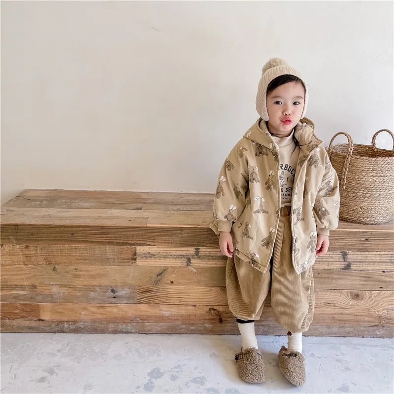 Color: Khaki, Kid Size: 18M - Girls Coat 2025 Autumn and Winter New Children's Clothing Korean Wind Girl Baby Cotton Printed Down Jacket Casual Simple Daily