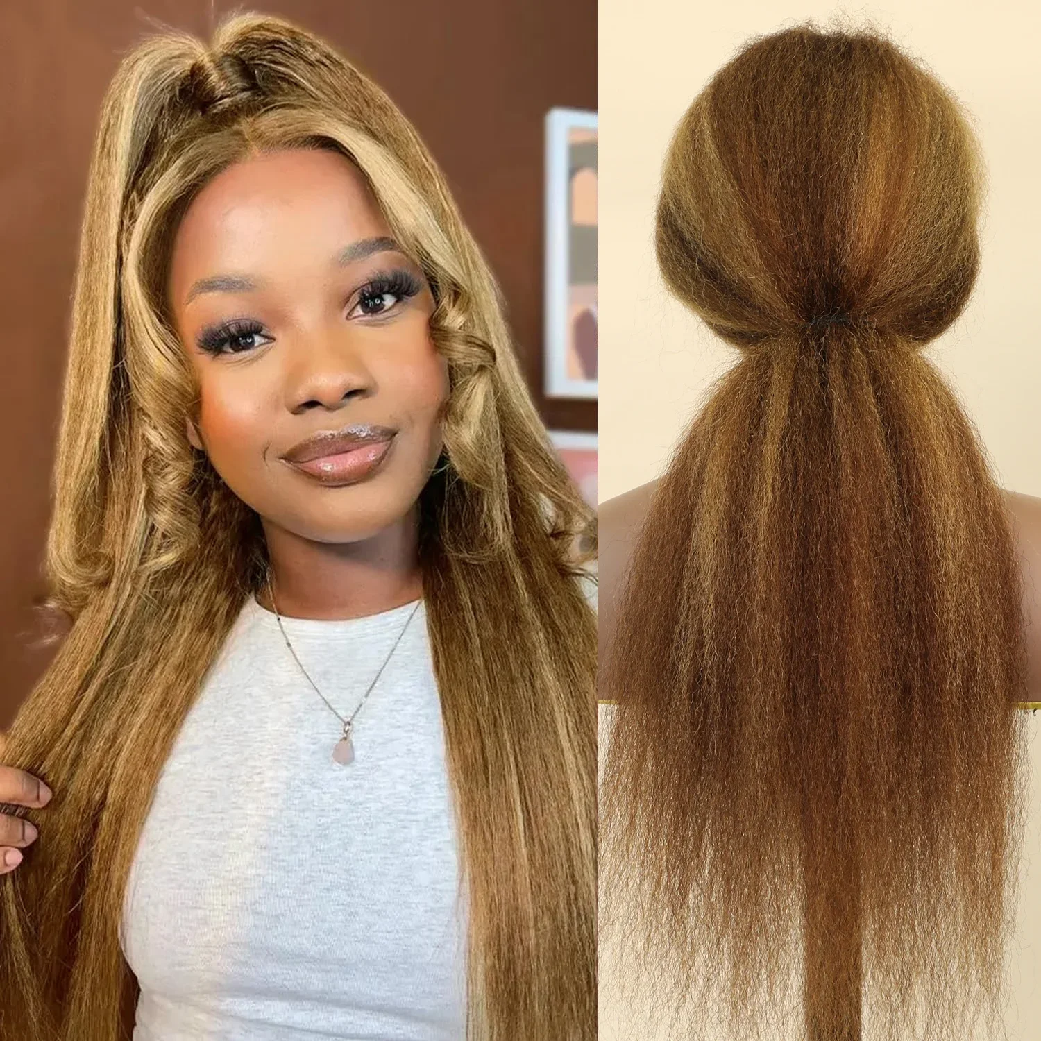 Stretched Length: 16inches, Density: 200% - 13x6 Highlight Brazilian 4/27 Brown Blonde Color Lace Wigs Kinky Straight Transparent Lace Front Human Hair Wig For Women