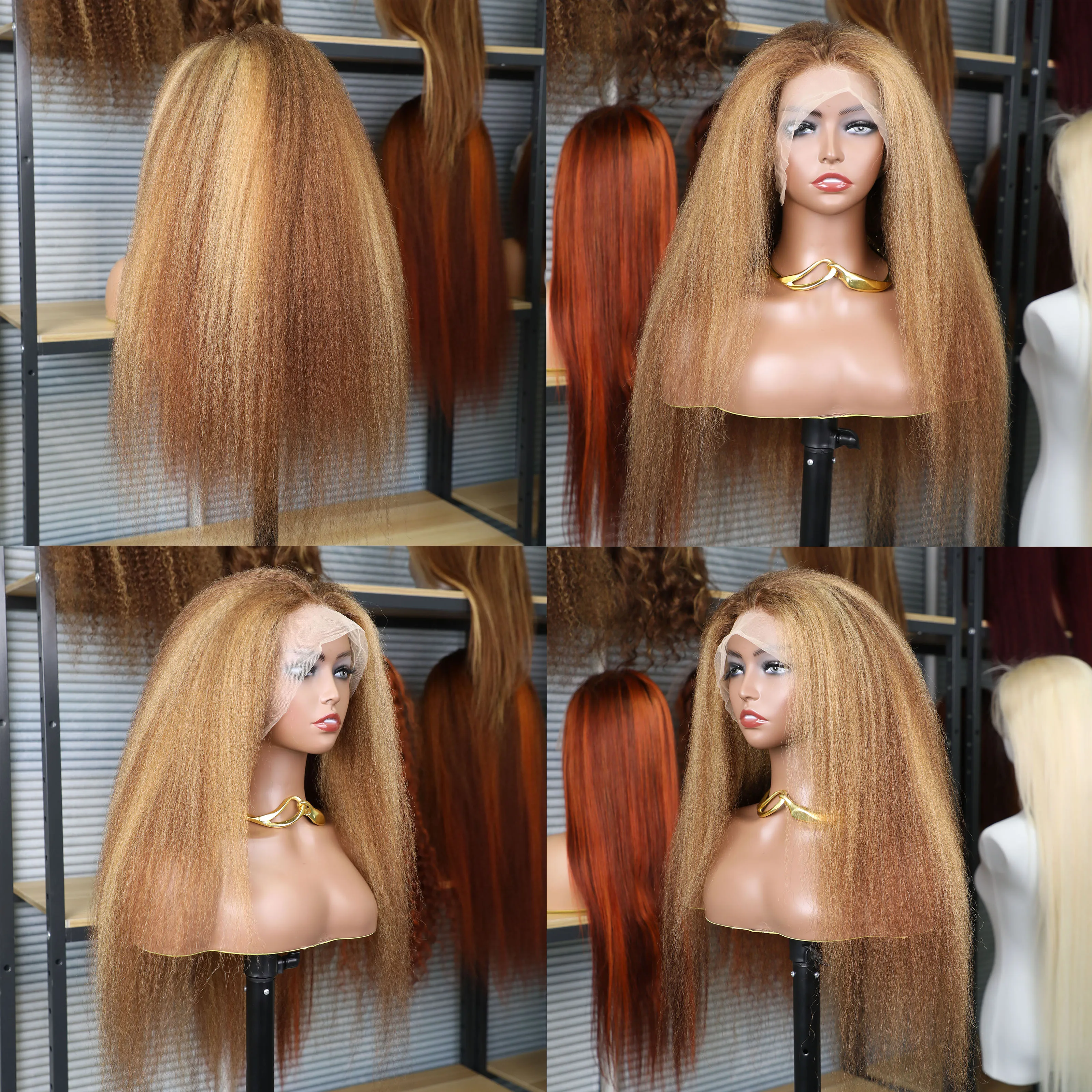 Stretched Length: 16inches, Density: 200% - 13x6 Highlight Brazilian 4/27 Brown Blonde Color Lace Wigs Kinky Straight Transparent Lace Front Human Hair Wig For Women