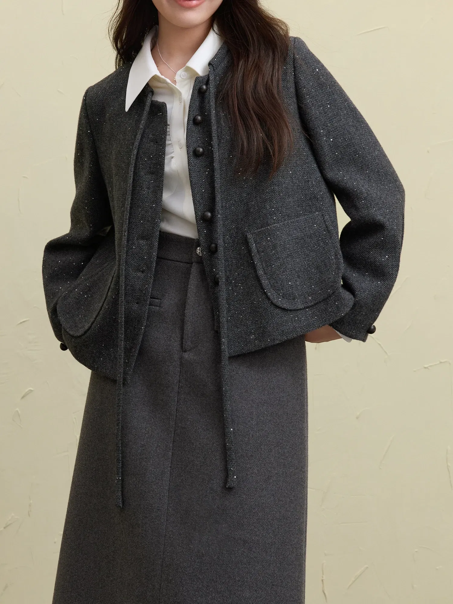 Color: GRAY, Size: XXXL - DUSHU 27.7% Wool Women Grey Short Jackets Sequins Design Female Round Neck Front Shoulder Woolen Coats 24DS84647
