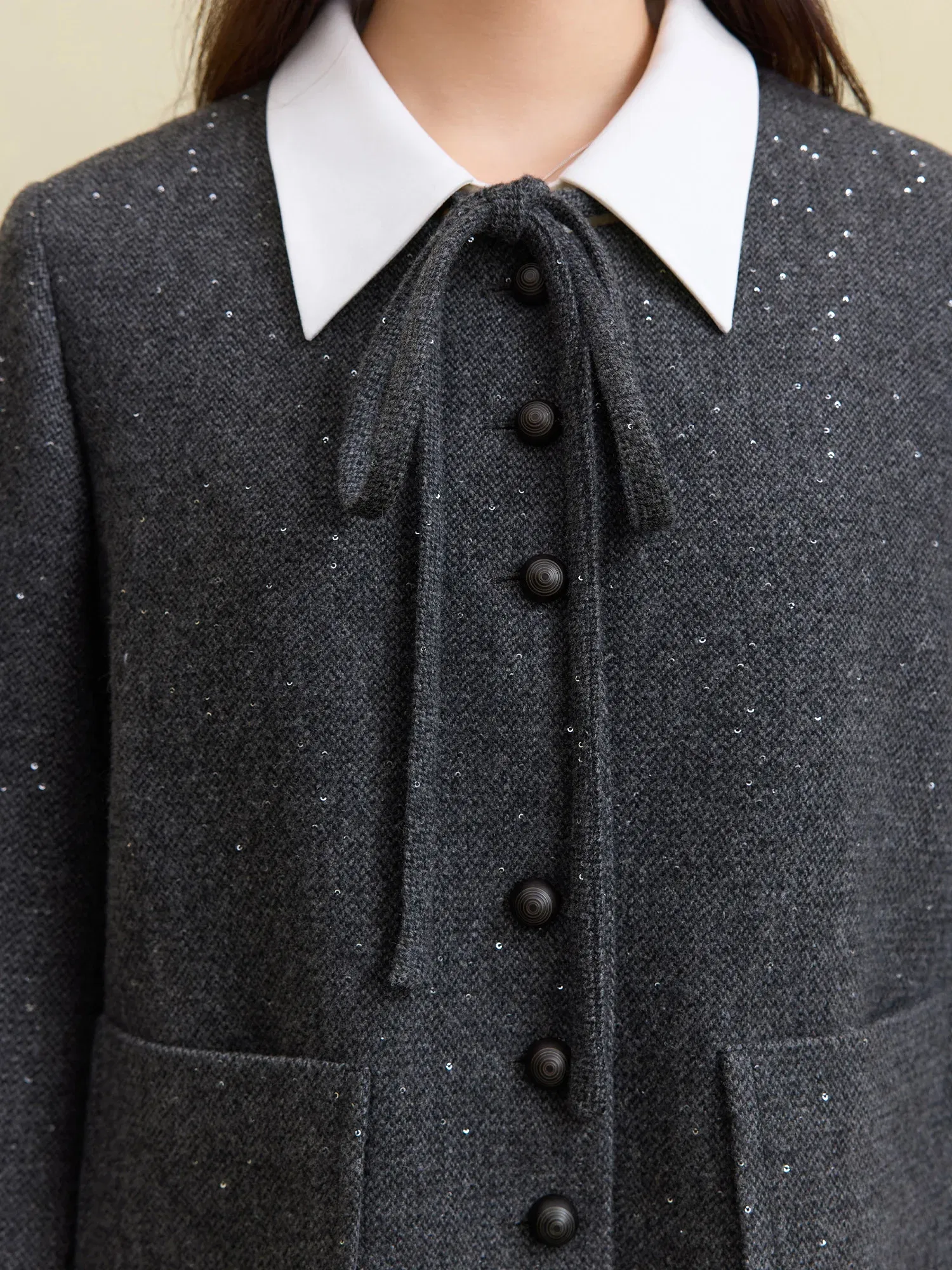 Color: GRAY, Size: XXXL - DUSHU 27.7% Wool Women Grey Short Jackets Sequins Design Female Round Neck Front Shoulder Woolen Coats 24DS84647