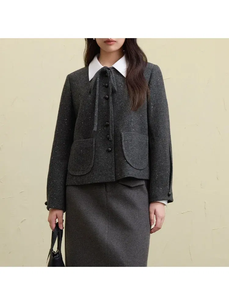 Color: GRAY, Size: XXXL - DUSHU 27.7% Wool Women Grey Short Jackets Sequins Design Female Round Neck Front Shoulder Woolen Coats 24DS84647