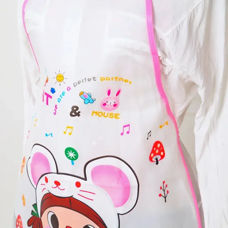 Color: Green - 70x50cm Cute Kitchen Household Adult Antifouling Apron Sleeveless Waterproof PVC Cartoon Printed Women Aprons Cleaning Accessory