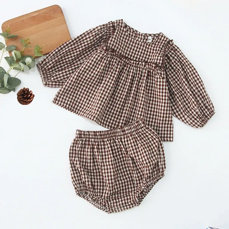 Color: CRIMSON, Kid Size: 3M - Infant Baby Boys Girls Clothes Set Spring Autumn Kids Baby Boys Girls Long Sleeve Grid T-shirt + Shorts 2pcs Toddler Clothes