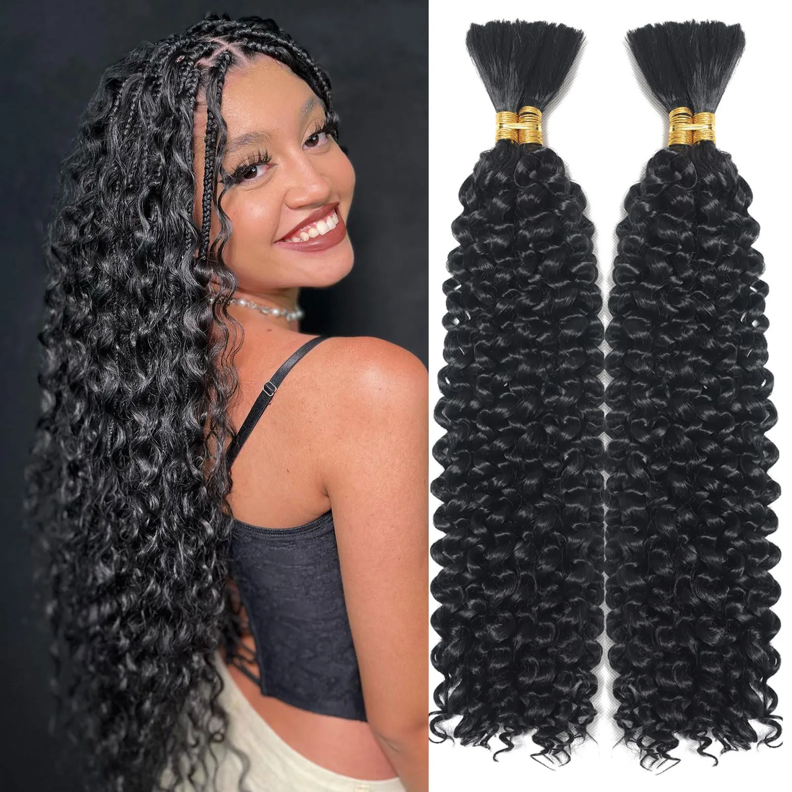 Color: Natural Color, Material Grade: virgin hair, Stretched Length: 16inches, Bulk Buy: 5pcs/lot - Bulk hair braiding Water Wave Bulk 18 inch human hair Boho braids with for knotless box or curly loose wave