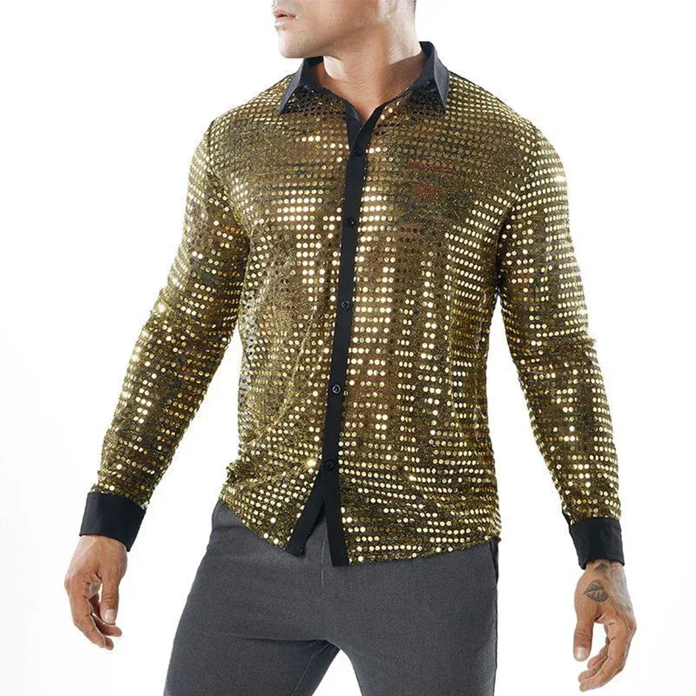 Color: Silver, Size: L, Ships From: CHINA - 2023 Fashion Mens Sparkly Sequins Party Dance Shirts Retro 70s Disco Nightclub Shirt Tops Single Breasted Performance Clothing