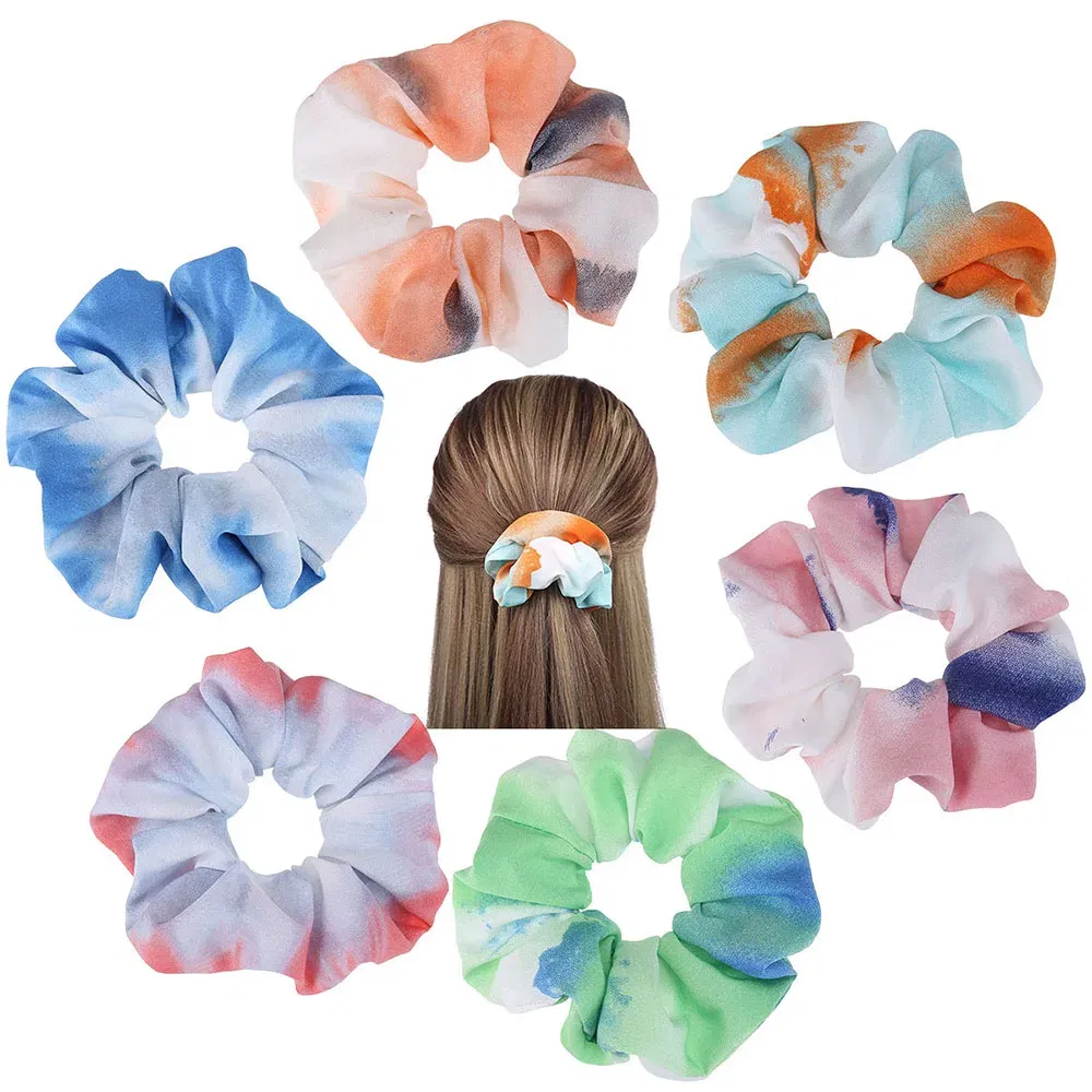 Color: Red - Korea Chiffon Scrunchies Tie-dye Hairband Girl Colorful Headband Elastic Hair Bands Women Girls Ponytail Holder Hair Accessories