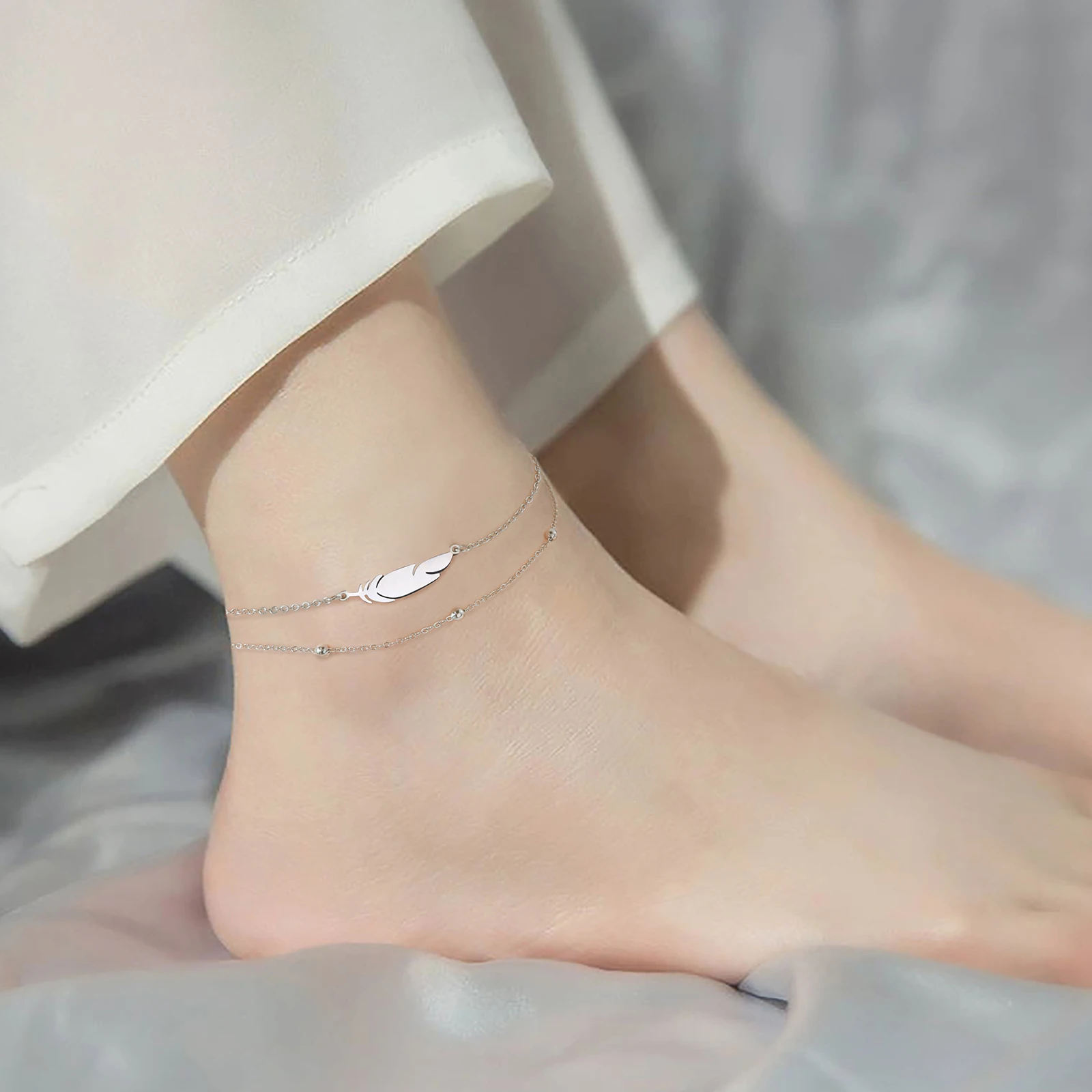 Metal Color: SILVER PLATED - Kkjoy Ankles of Women Men Silver Color Feather Stainless Steel Double Foot Chain Beach Style Trendy Female Jewelry Accessories