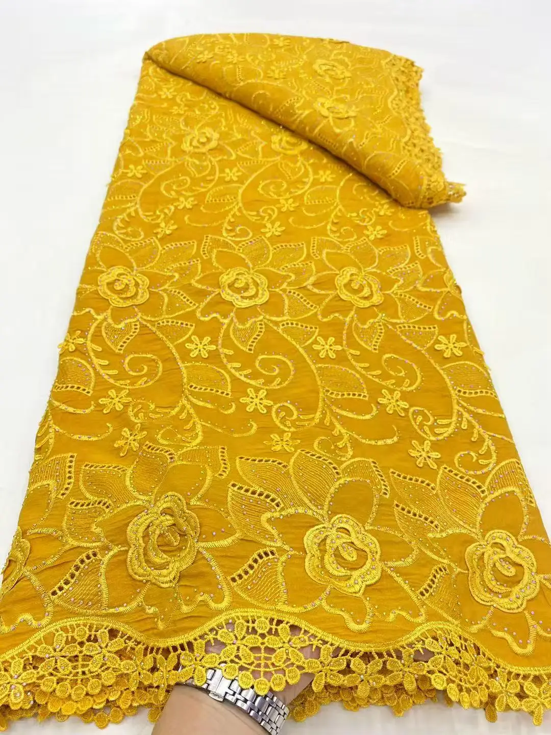Color: GRAY, Width: 120cm, Length: 5 yards - 5 Yards Nigerian Guipure Cord Lace Fabric High Quality Embroidery African Milk Silk Wedding Lace Fabric 2025 Material