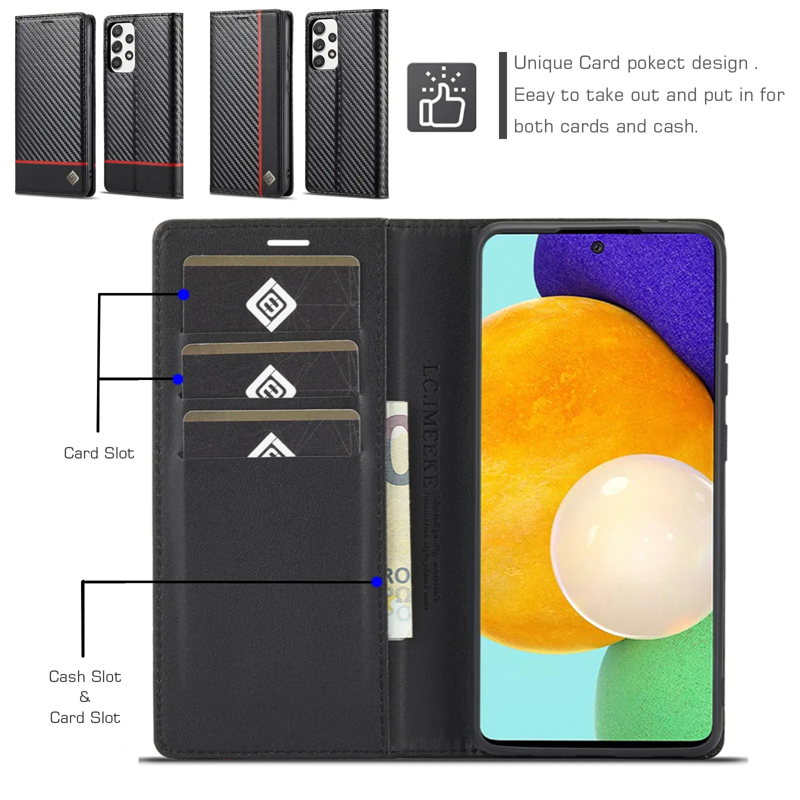 Color: Black, Material: ABS - Carbon Fiber Leather Case for Samsung A14 A24 A34 A54 5G A13 A23 A33 A53 Galaxy A52 A72 A32 A12 A04S A02S Wallet Card Slot Cover