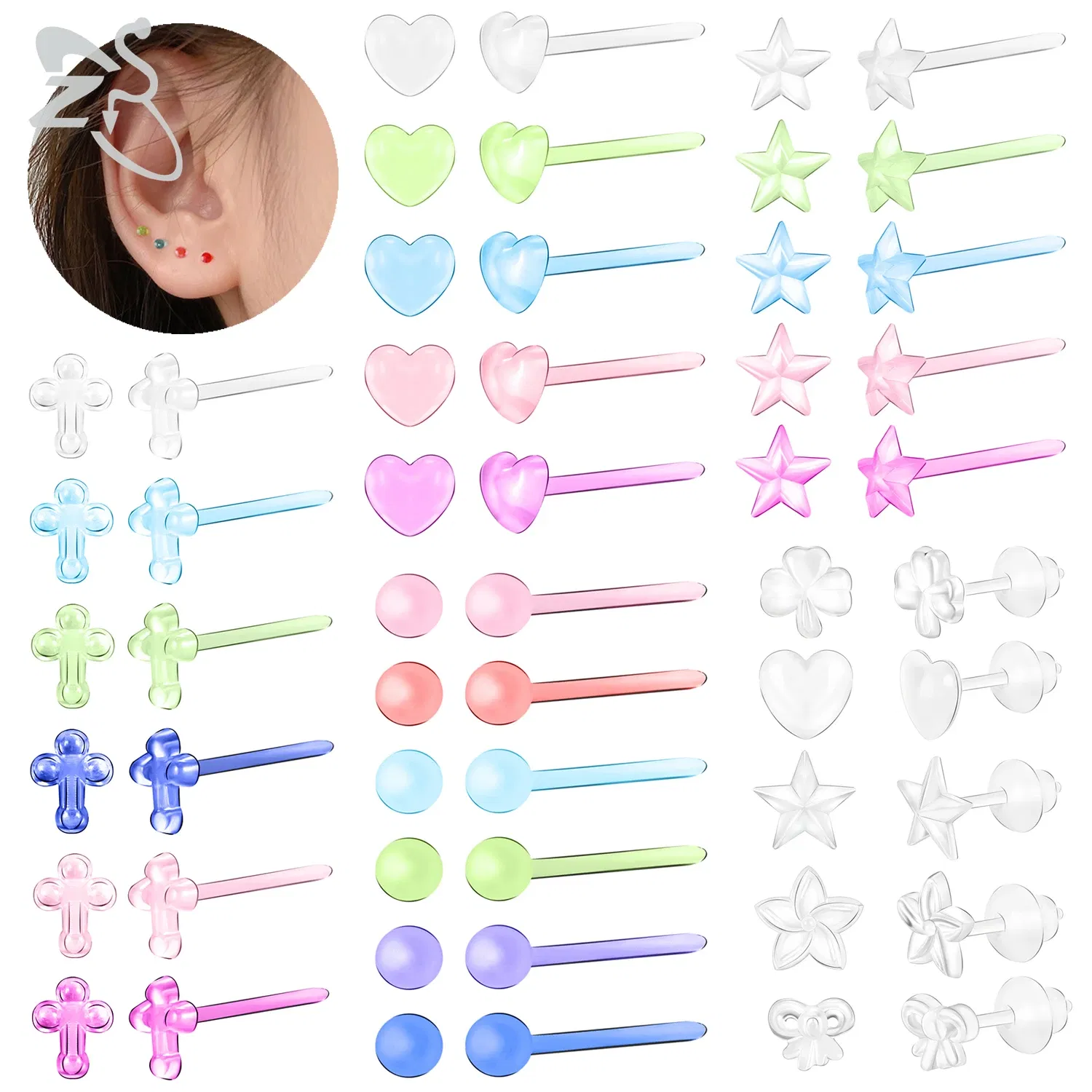 Metal Color: Rhodium Plated - ZS 10-50pcs/lot Colorful Acrylic Stud Earring Invisible Transparent Anti-allergy Ear Pin 20G Star Ball Curing Ear Hole Retainer
