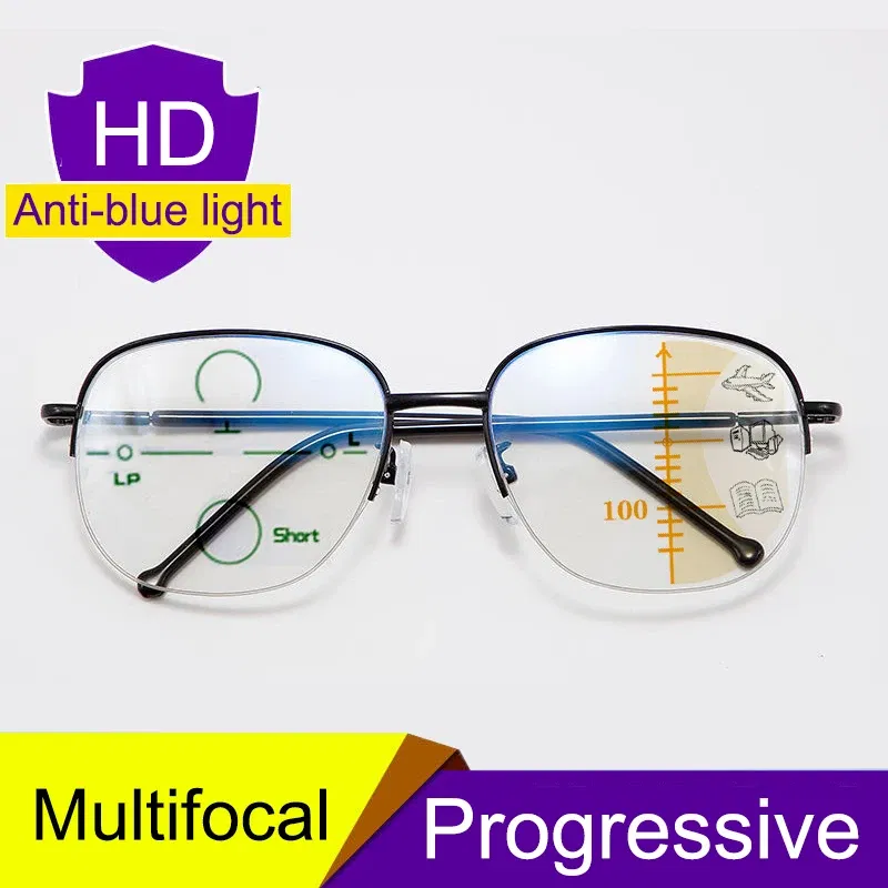 Frame Color: black, Eye Prescription: +400 - Smart zoom Multifocal Reading Glasses Men Women Progressive Anti Blue Ray UV Protect Hyperopia Glasses Half Frame Metal Titanium