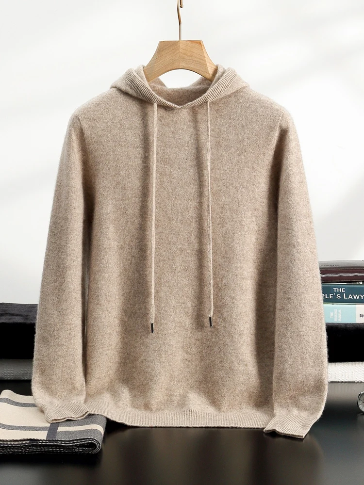 Color: Brown, Size: XXL - Yoyoselect Men's 100% Cashmere  Luxury Sweater Hoodie Autumn Winter Thick Warm Hooded Pullover Casual Smart Jumpers Knitwear Top
