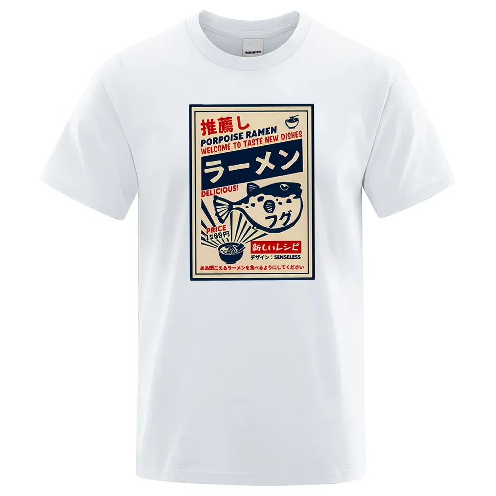 Color: Beige, Size: L - Puffer Fish Ramen Japanese Menu Poster Tshirt Men Funny Fashion Tee Clothes Comfortable Oversize T Shirt Casual Cotton T-Shirts